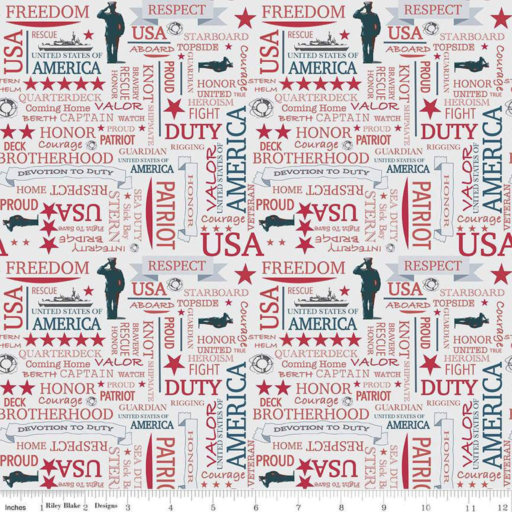SALE Coming Home Coast Guard Text C14426 Silver by Riley Blake Designs - Armed Forces Patriotic - Quilting Cotton Fabric