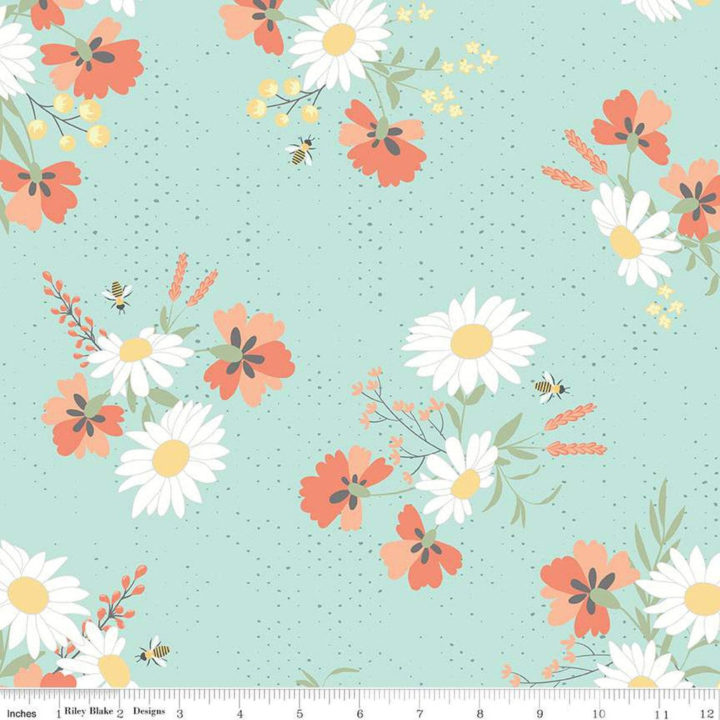 SALE Sunshine and Sweet Tea Main C14320 Mint by Riley Blake Designs - Floral Flowers Bees Pin Dots - Quilting Cotton Fabric