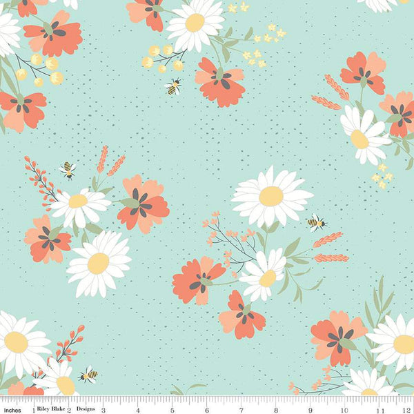 SALE Sunshine and Sweet Tea Main C14320 Mint by Riley Blake Designs - Floral Flowers Bees Pin Dots - Quilting Cotton Fabric