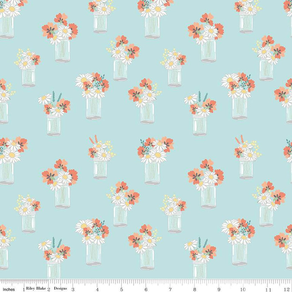SALE Sunshine and Sweet Tea Mason Jar Bouquets C14322 Aqua by Riley Blake Designs - Floral Flowers - Quilting Cotton Fabric
