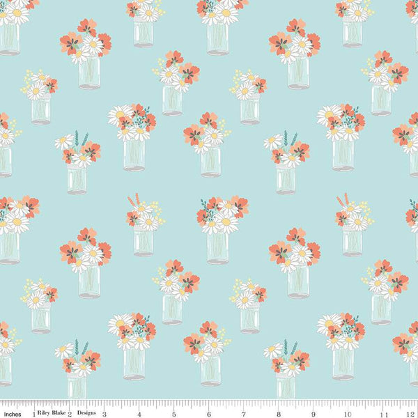 SALE Sunshine and Sweet Tea Mason Jar Bouquets C14322 Aqua by Riley Blake Designs - Floral Flowers - Quilting Cotton Fabric