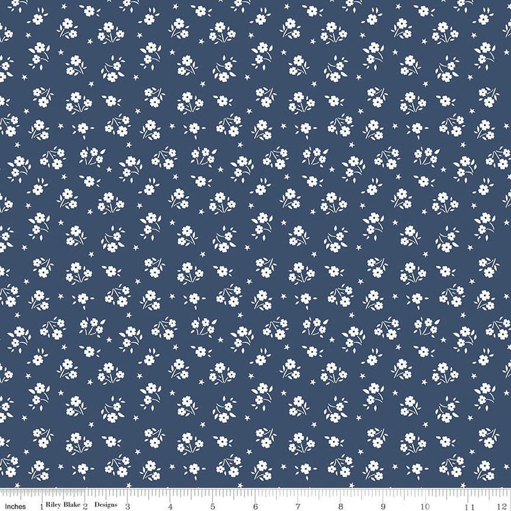 17" End of Bolt - American Beauty Ditsy C14446 Navy by Riley Blake Designs - Patriotic Floral White Flowers Stars - Quilting Cotton Fabric
