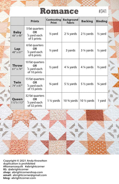 SALE Romance Quilt PATTERN P165 by Bright Corner - Riley Blake Designs - INSTRUCTIONS Only - Piecing Fat Quarter Friendly - Multiple Sizes