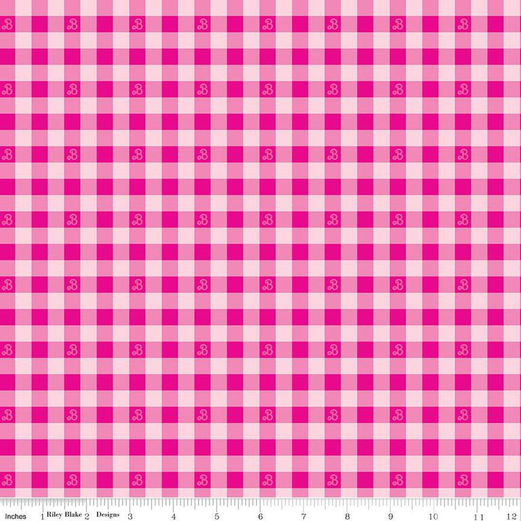 Barbie World Barbie PRINTED Gingham CD15024 Hot Pink - Official Licensed Product - Doll Logo Checks Check - Quilting Cotton Fabric