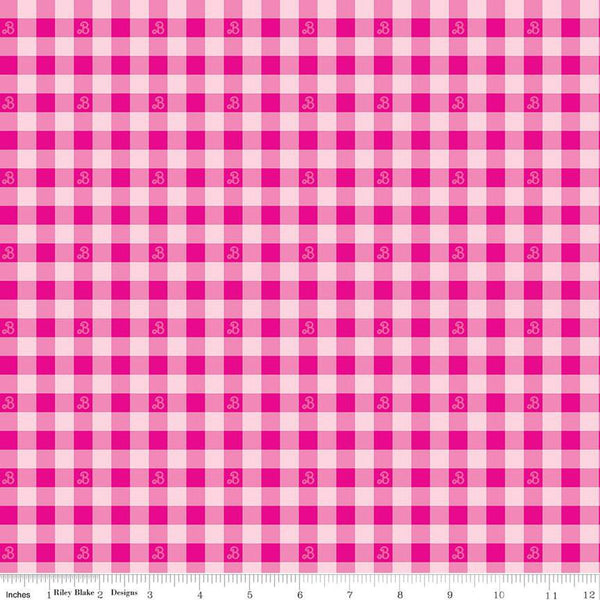 Barbie World Barbie PRINTED Gingham CD15024 Hot Pink - Official Licensed Product - Doll Logo Checks Check - Quilting Cotton Fabric