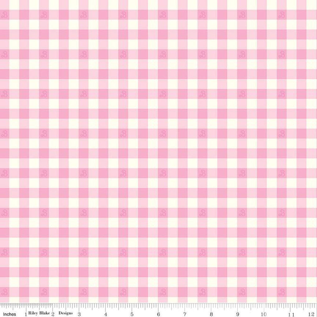 SALE Barbie World Barbie PRINTED Gingham CD15024 Pink - Official Licensed Product - Doll Logo Pink/Cream - Quilting Cotton Fabric