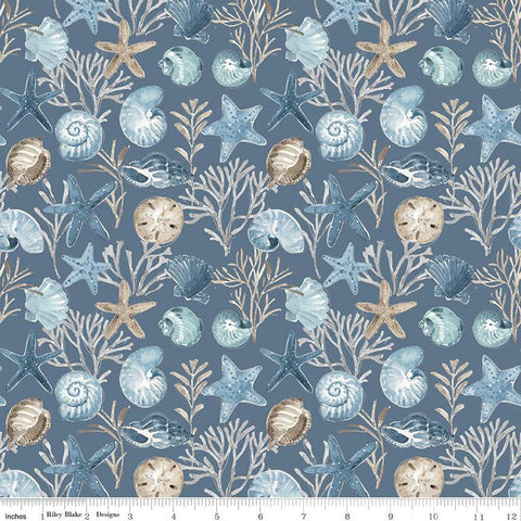 SALE Blue Escape Coastal Ocean Floor C14511 Colonial by Riley Blake Designs - Sea Stars Seashells Ocean Flora - Quilting Cotton Fabric