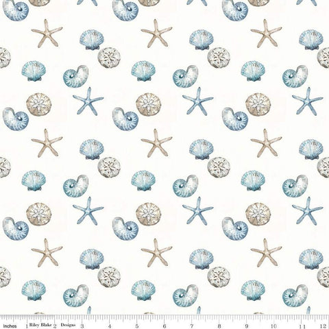 SALE Blue Escape Coastal Shell Toss C14513 Off White by Riley Blake Designs - Sea Stars Seashells Shells - Quilting Cotton Fabric