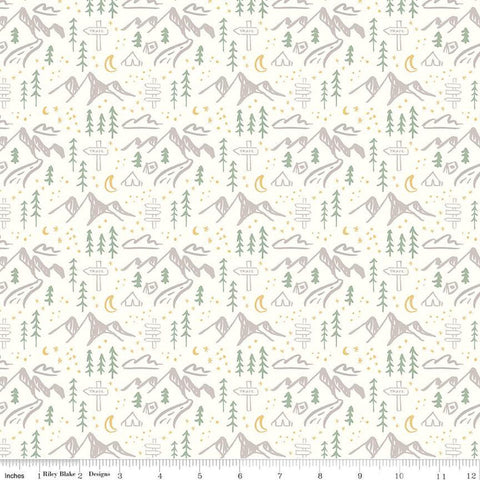 SALE Albion Mountains C14592 Cream by Riley Blake Designs - Mountain Tents Trees Trail Signs Moons Stars - Quilting Cotton Fabric