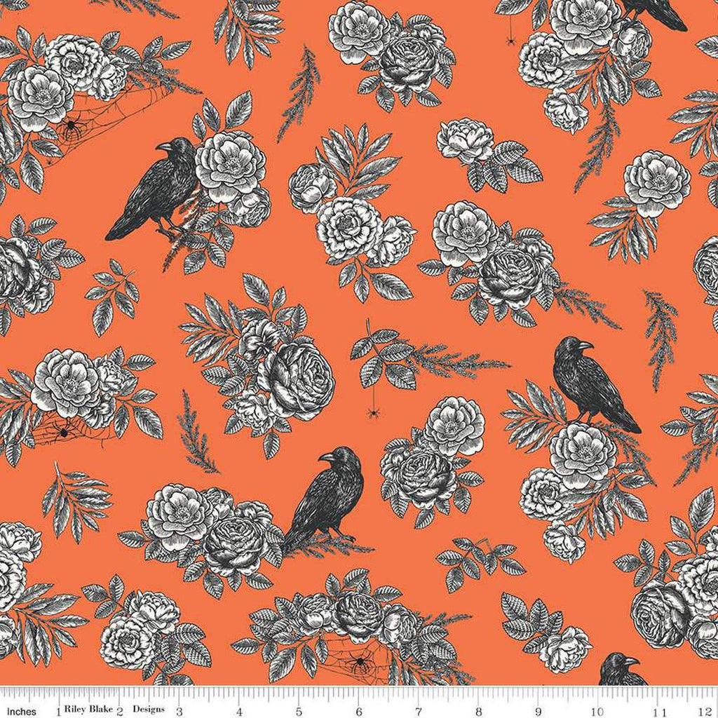 Sophisticated Halloween Main C14620 Orange - Riley Blake Designs - Birds Ravens Floral Flowers - Quilting Cotton Fabric