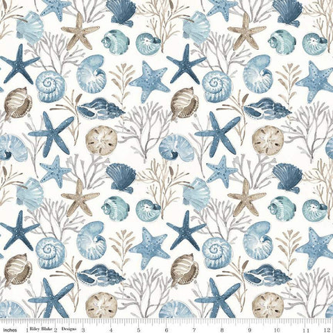 Blue Escape Coastal Ocean Floor C14511 Off White by Riley Blake Designs - Sea Stars Seashells Ocean Flora - Quilting Cotton Fabric