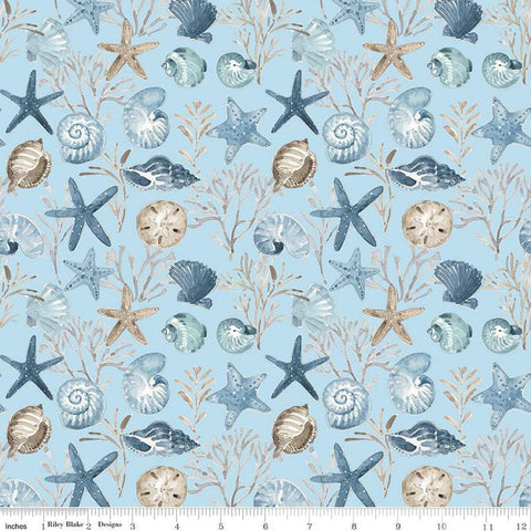 SALE Blue Escape Coastal Ocean Floor C14511 Sky by Riley Blake Designs - Sea Stars Seashells Ocean Flora - Quilting Cotton Fabric