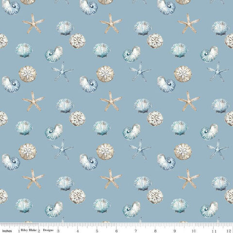 SALE Blue Escape Coastal Shell Toss C14513 Blue by Riley Blake Designs - Sea Stars Seashells Shells - Quilting Cotton Fabric