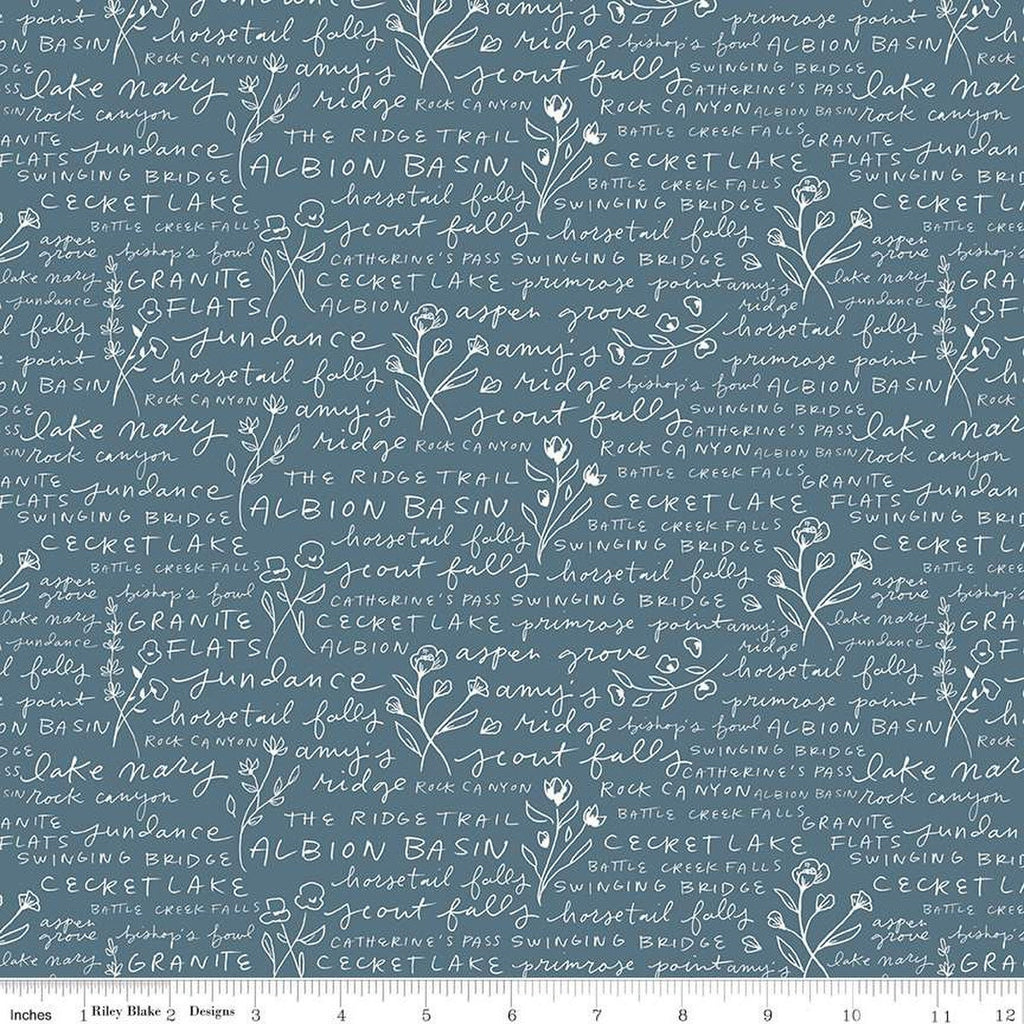 SALE Albion Text C14595 Blue - Riley Blake Designs - Places in Wasatch Mountains Utah Flowers - Quilting Cotton Fabric