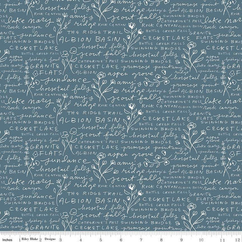Albion Text C14595 Blue - Riley Blake Designs - Places in Wasatch Mountains Utah Flowers - Quilting Cotton Fabric