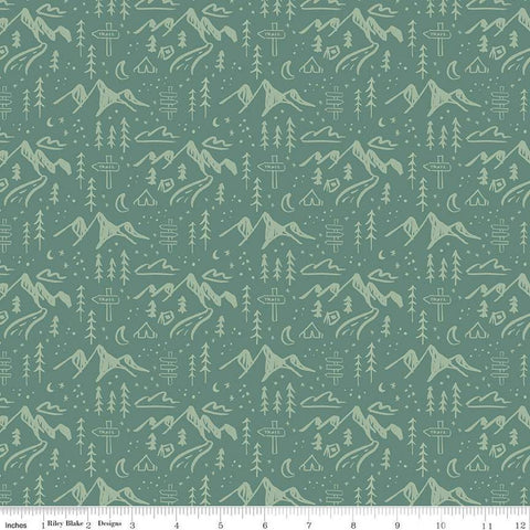 SALE Albion Mountains C14592 Green by Riley Blake Designs - Mountain Tents Trees Trail Signs Moons Stars - Quilting Cotton Fabric