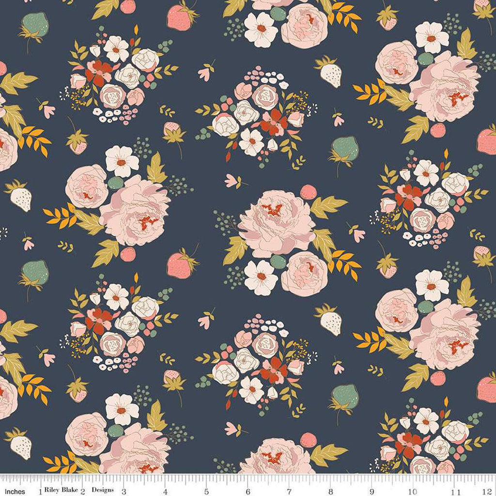 10" End of Bolt - BloomBerry Main C14600 Midnight by Riley Blake Designs - Floral Flowers Strawberries - Quilting Cotton Fabric