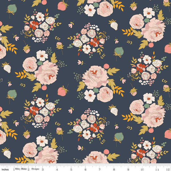 10" End of Bolt - BloomBerry Main C14600 Midnight by Riley Blake Designs - Floral Flowers Strawberries - Quilting Cotton Fabric