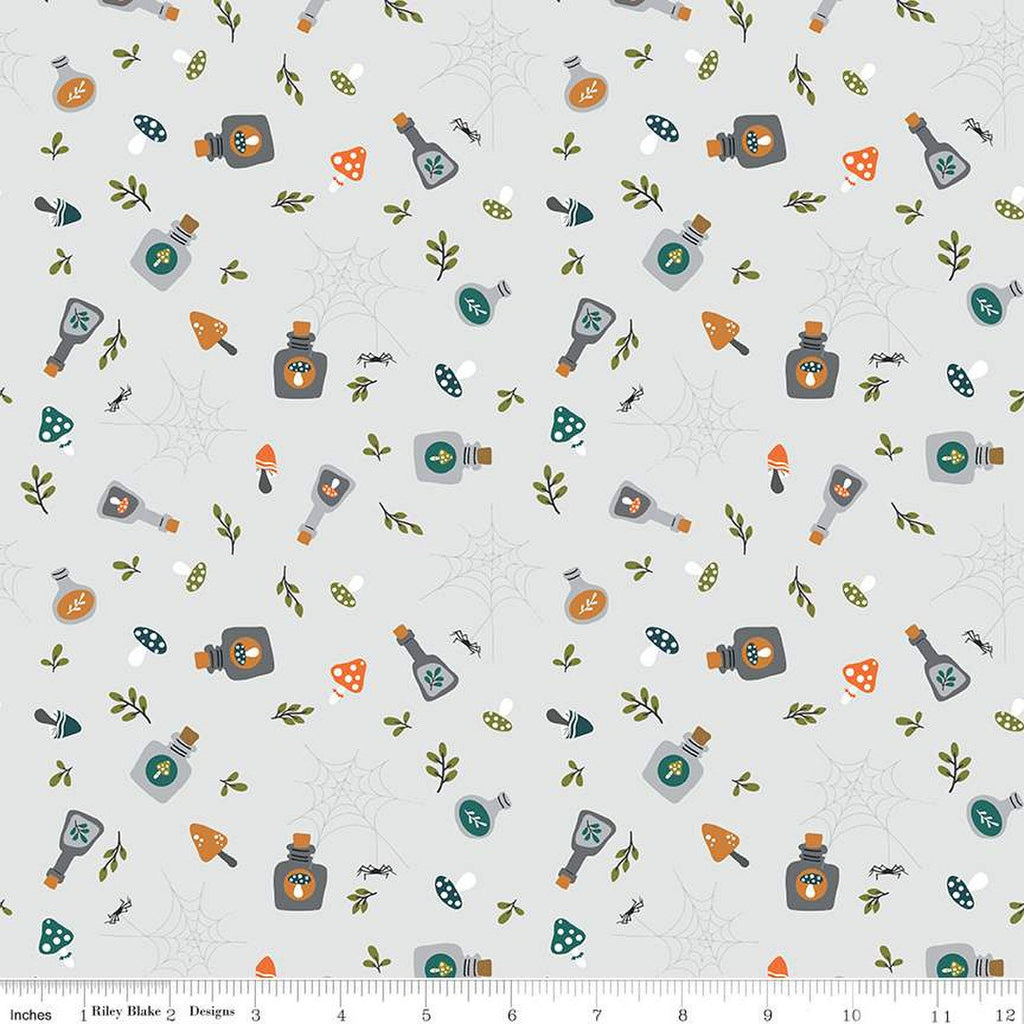 Little Witch Potions C14562 Smoke - Riley Blake Designs - Bottles Leaves Spiders Spiderwebs Mushrooms - Quilting Cotton Fabric