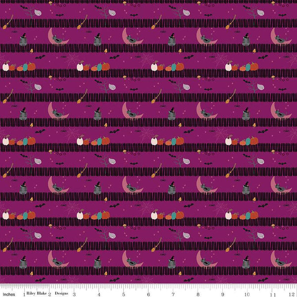 Little Witch Sitting on a Gate C14564 Magenta - Riley Blake Designs - Picket Fence Pumpkins Bats Cats Ghosts  - Quilting Cotton Fabric