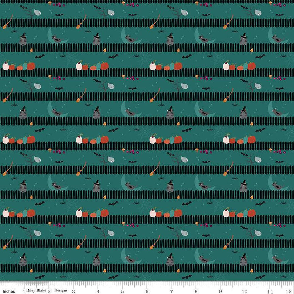 Little Witch Sitting on a Gate C14564 Teal - Riley Blake Designs - Picket Fence Pumpkins Bats Cats Ghosts  - Quilting Cotton Fabric