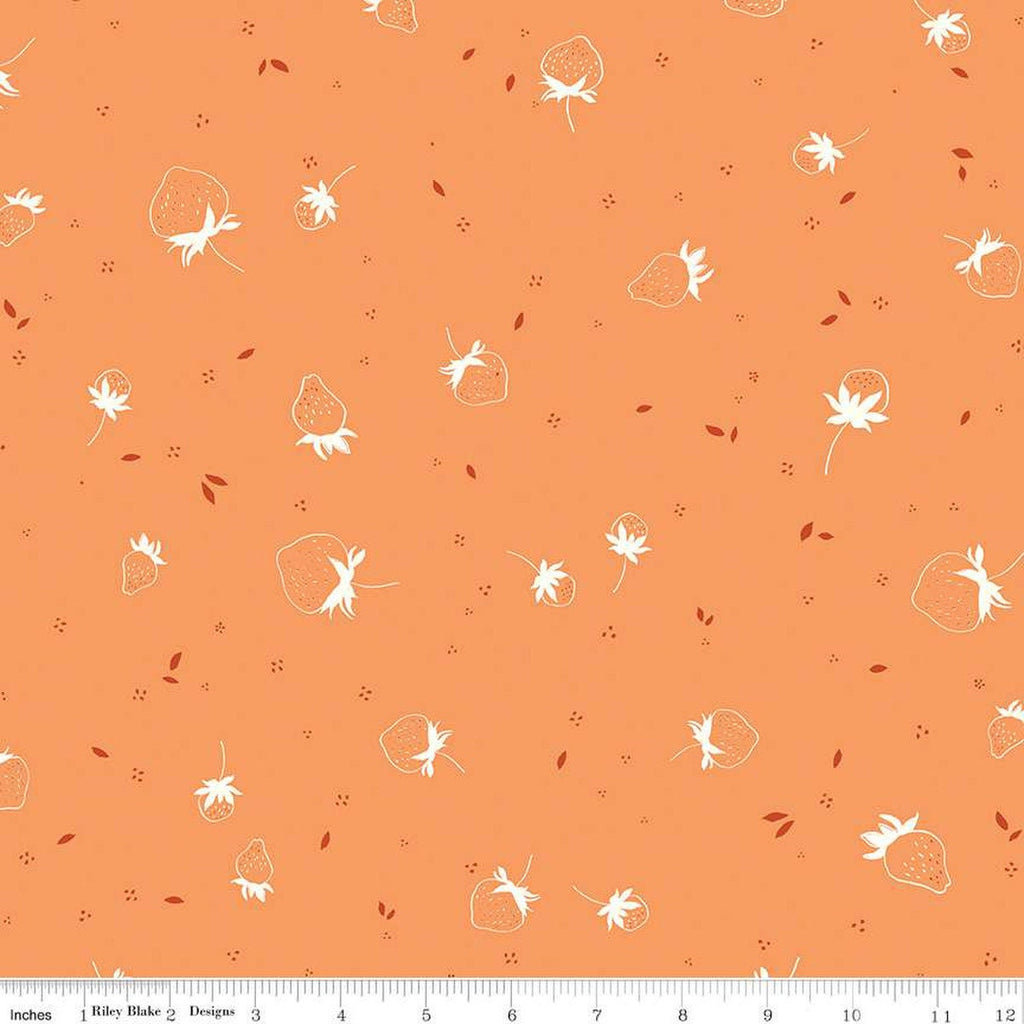 SALE BloomBerry Berry Sprouts C14603 Tangerine by Riley Blake Designs - Strawberries Pin Dots - Quilting Cotton Fabric