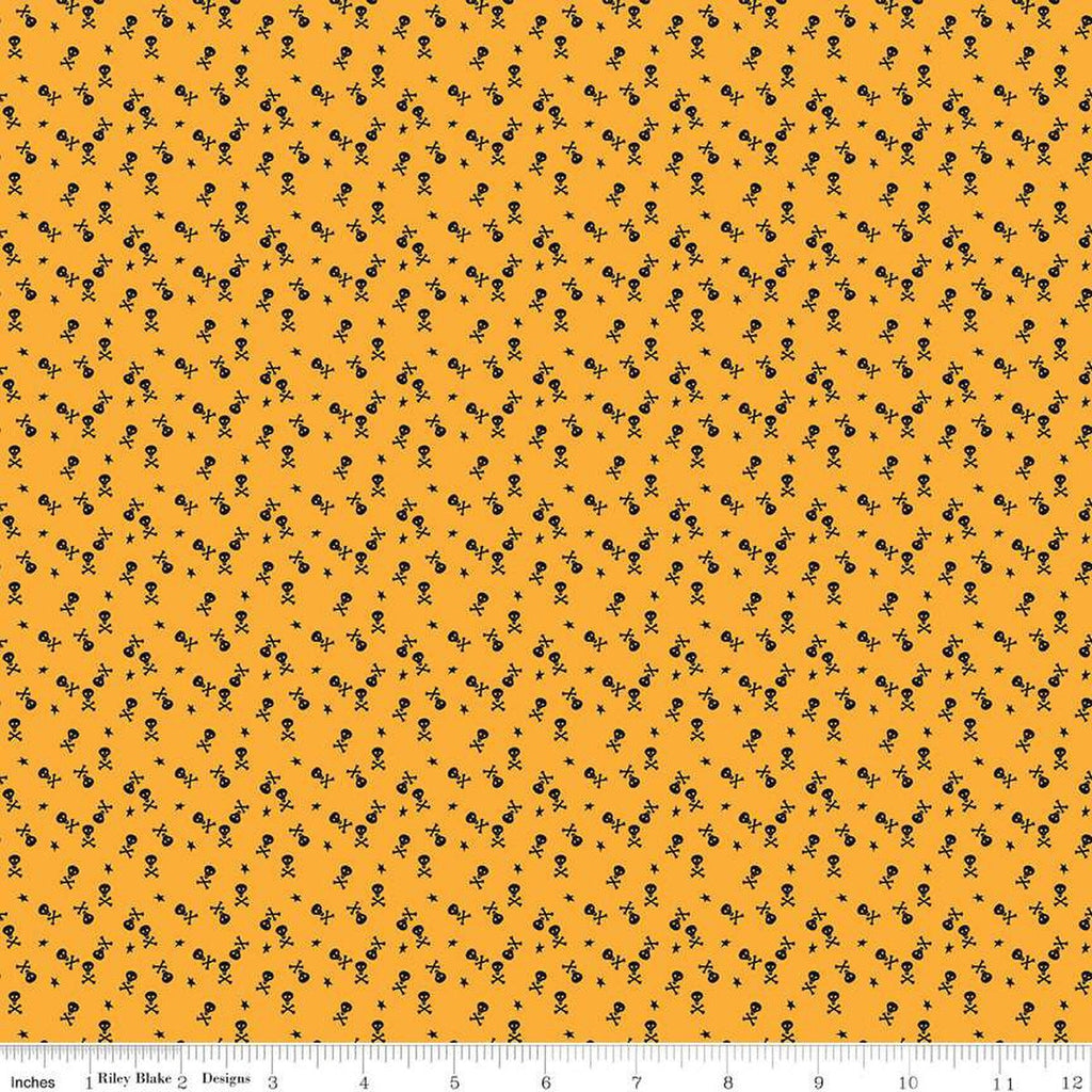 Beggar's Night Skulls C14508 Gold - Riley Blake Designs - Halloween Skulls Crossbones Stars - Quilting Cotton Fabric