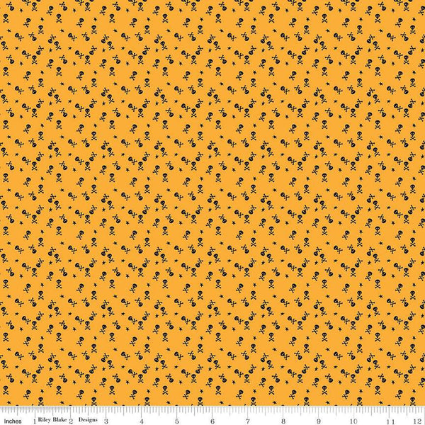 Beggar's Night Skulls C14508 Gold - Riley Blake Designs - Halloween Skulls Crossbones Stars - Quilting Cotton Fabric