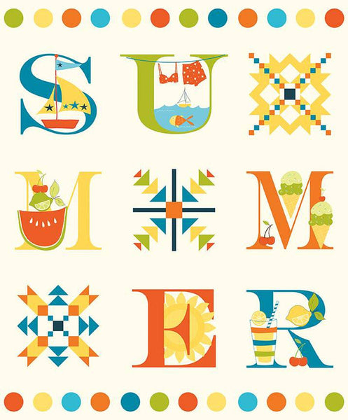 SALE Here Comes the Sun Summer Panel P14819 by Riley Blake Designs - Icons Letters on Cream - Quilting Cotton Fabric