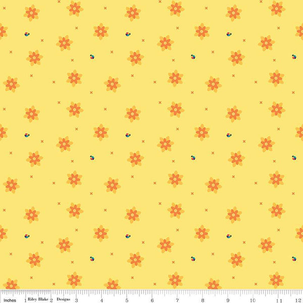 SALE Bloom Blissful C14984 Yellow by Riley Blake Designs - Flowers Floral Ladybugs X's - Quilting Cotton Fabric