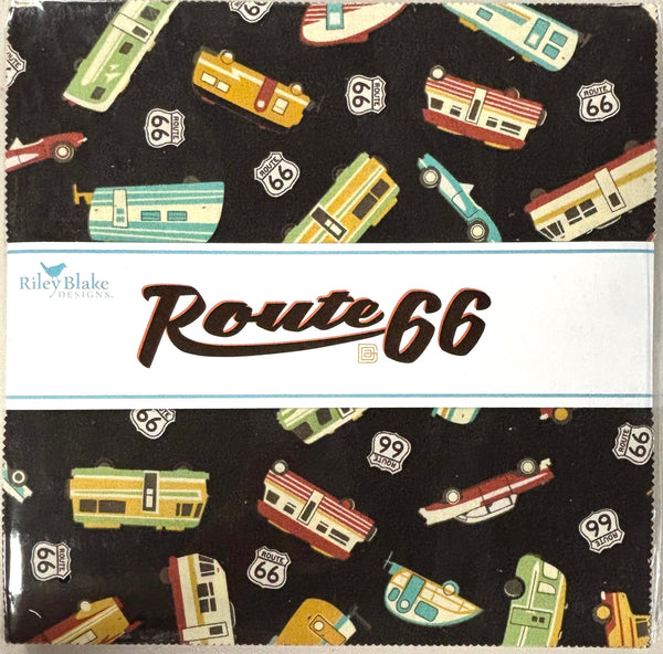 Picture of the Route 66 10" stacker, with the main black fabric featuring vintage vehicles scattered with Route 66 road signs. 
Cute Little Fabric Shop