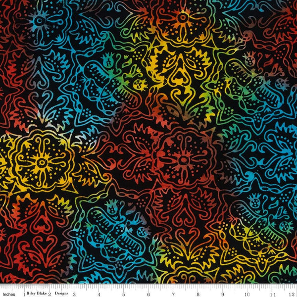 SALE Batiks Expressions BTCB1031 Black Rainbow Multi - Riley Blake Designs - Hand-Dyed Tjaps Print - Quilting Cotton Fabric