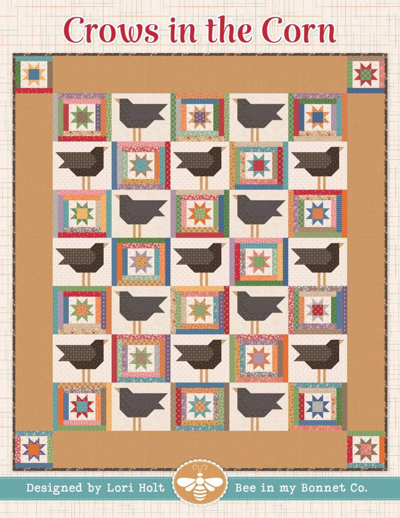 Image of the It's Sew Emma Crows in the Corn Quilt Pattern by Riley Blake Designs. The quilt has crows in squares with brown fabric surrounding it. 
Cute Little Fabric Shop