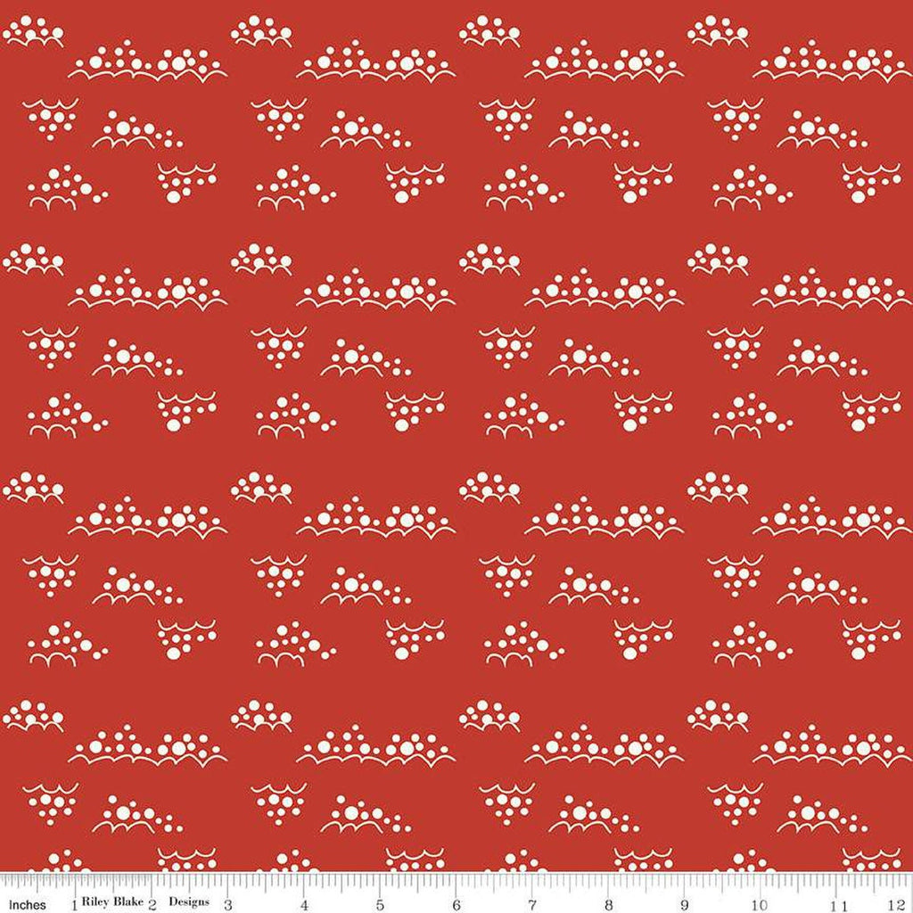 Image of Christmas Is in Town Snowballs Red by Riley Blake Designs. Features clusters of white snowballs on a red background. 
Cute Little Fabric Shop