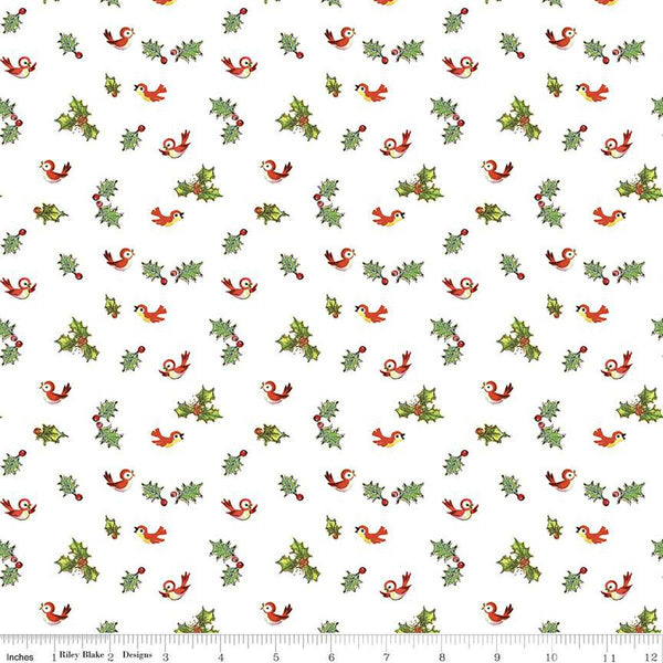 Jingle Bells Holly Birds C14835 White by Riley Blake Designs - Christmas - Quilting Cotton Fabric