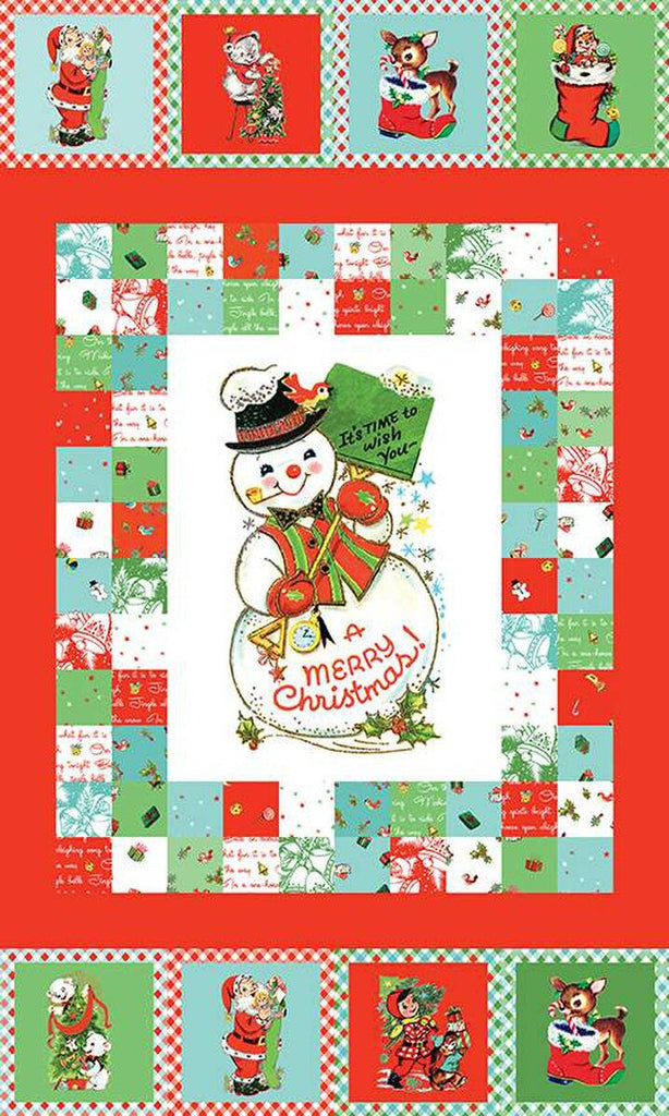 Jingle Bells A Merry Christmas Panel P14838 - Riley Blake Designs - Snowman Vintage Vignettes - Quilting Cotton Fabric