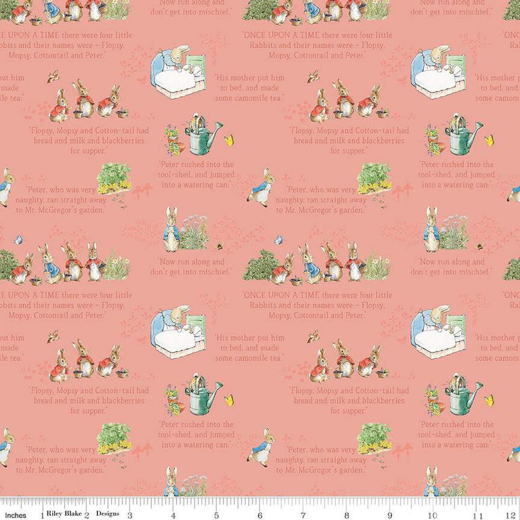 The Tale of Peter Rabbit Text C14701 Coral - Riley Blake Designs - Beatrix Potter Vignettes - Quilting Cotton Fabric - Licensed Product