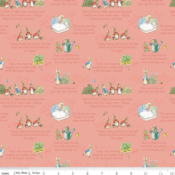 The Tale of Peter Rabbit Text C14701 Coral - Riley Blake Designs - Beatrix Potter Vignettes - Quilting Cotton Fabric - Licensed Product