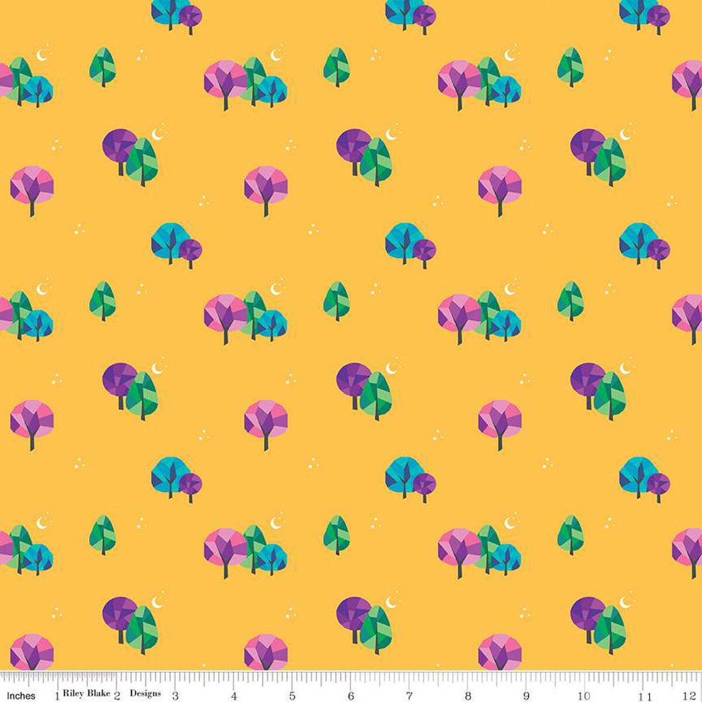 CLEARANCE Bloom Moonlit C14985 Mustard by Riley Blake Designs - Stars Moons Trees - Quilting Cotton Fabric
