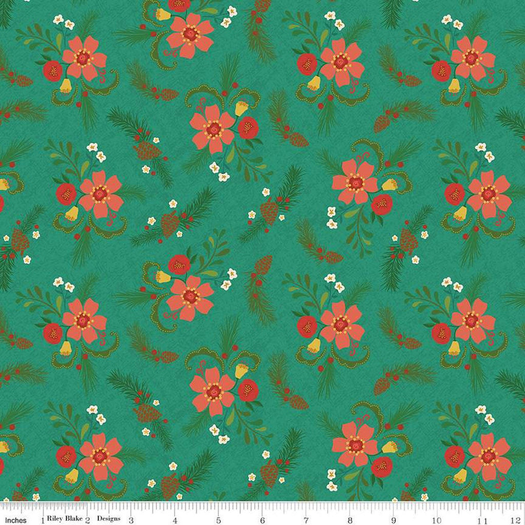 Image of In From the Cold Main Teal by Riley Blake Designs. Features a clustered floral pattern with pinecones, flowers, leaves, and sprigs of pine on a teal background. 
Cute Little Fabric Shop
