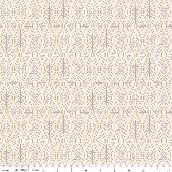 Cream, linen colored fabric with pink flowers and geometric lines.
Cute Little Fabric Shop