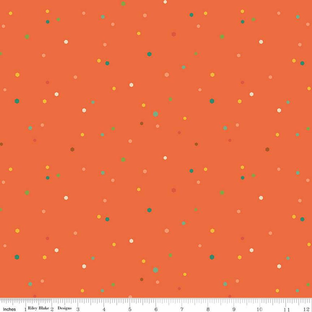 Image of the Autumn Afternoon Hexi Dots Orange quilting cotton fabric by Heather Peterson for Riley Blake Designs. Features multicolored hexagon polka dots on an orange background. 
Cute Little Fabric Shop