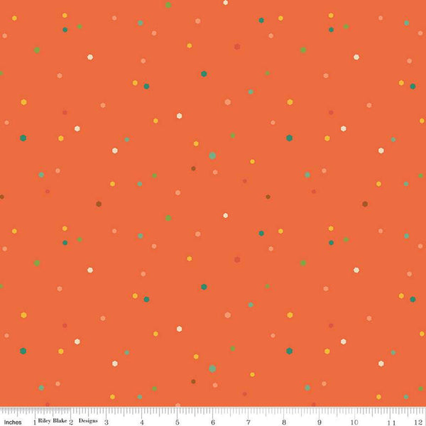 Image of the Autumn Afternoon Hexi Dots Orange quilting cotton fabric by Heather Peterson for Riley Blake Designs. Features multicolored hexagon polka dots on an orange background. 
Cute Little Fabric Shop