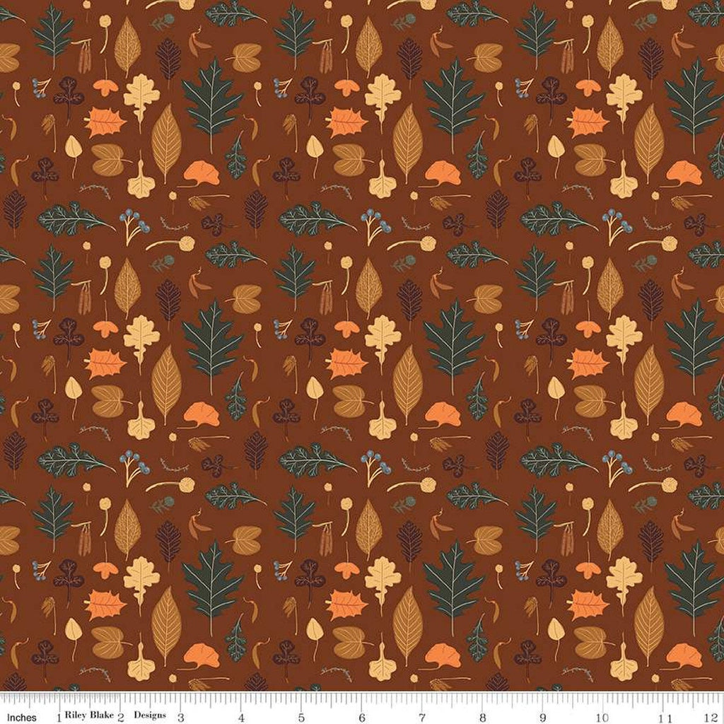 Image of brown colored quilting cotton fabric for the Pumpkin Spice collection by Riley Blake Designs. Features scattered various leaves on a brown background. 
Cute Little Fabric Shop