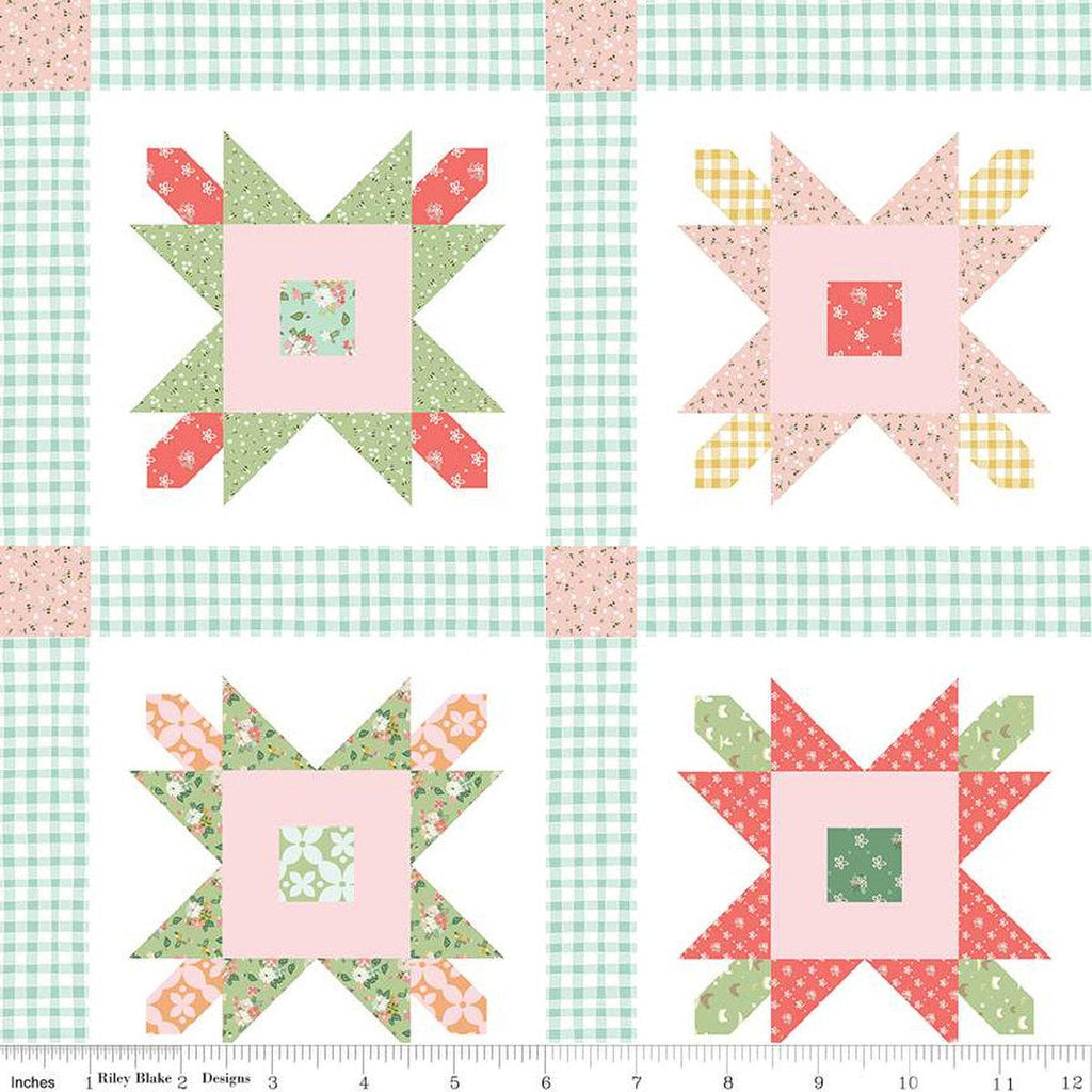 Clover Farm from Riley Blake Designs. Image depicts a cheater print with a star quilt design. Quilting cotton fabric. 
Cute Little Fabric Shop