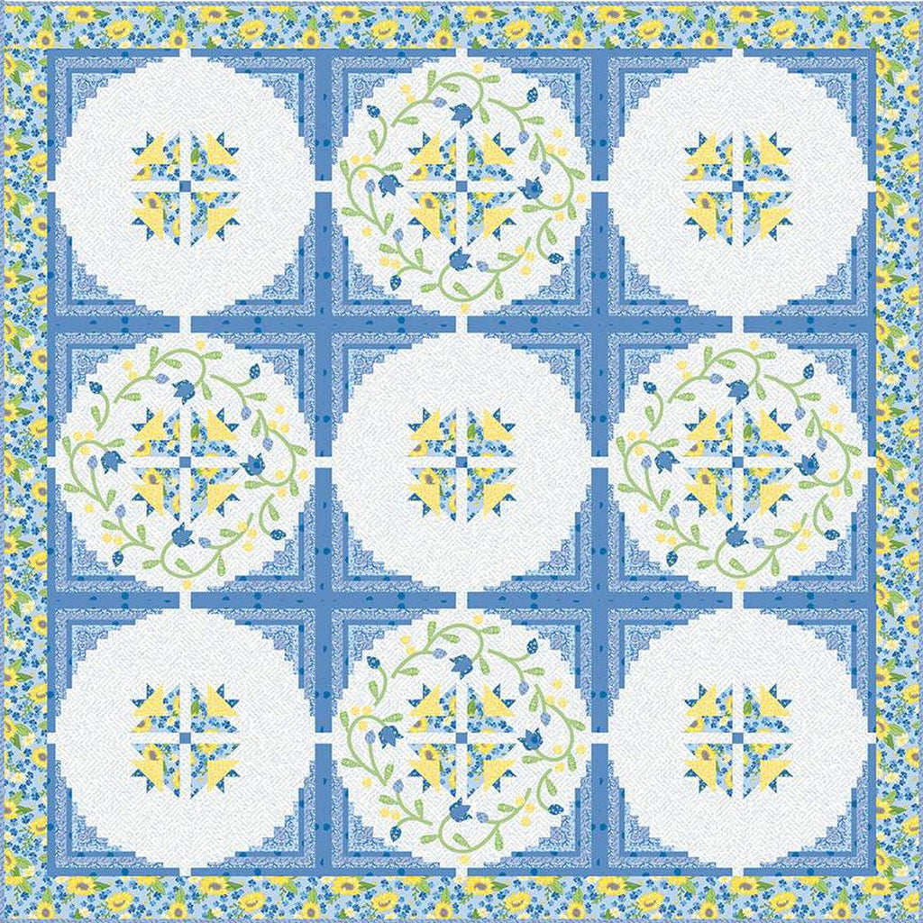 Image of the Rainy Day Blues quilt pattern. Features blue, yellow, and white fabrics in 9 circles. Sunny Skies from Riley Blake Designs. 
Cute Little Fabric Shop