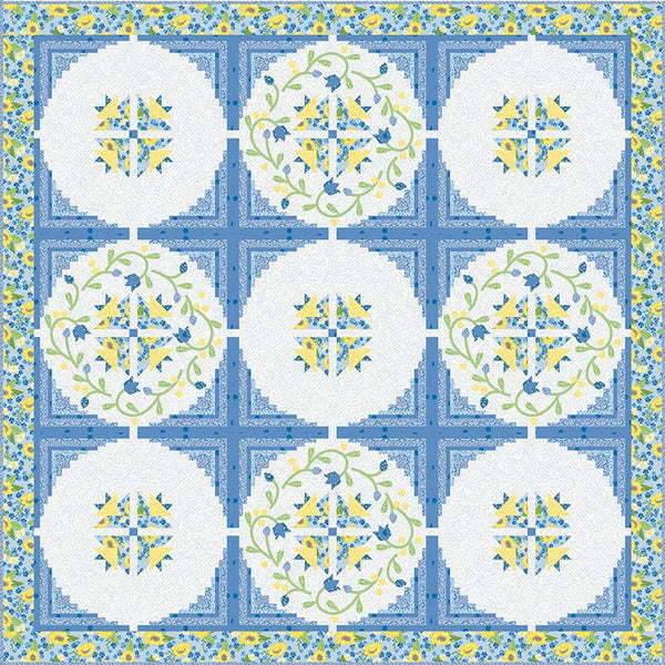 Image of the Rainy Day Blues quilt pattern. Features blue, yellow, and white fabrics in 9 circles. Sunny Skies from Riley Blake Designs. 
Cute Little Fabric Shop