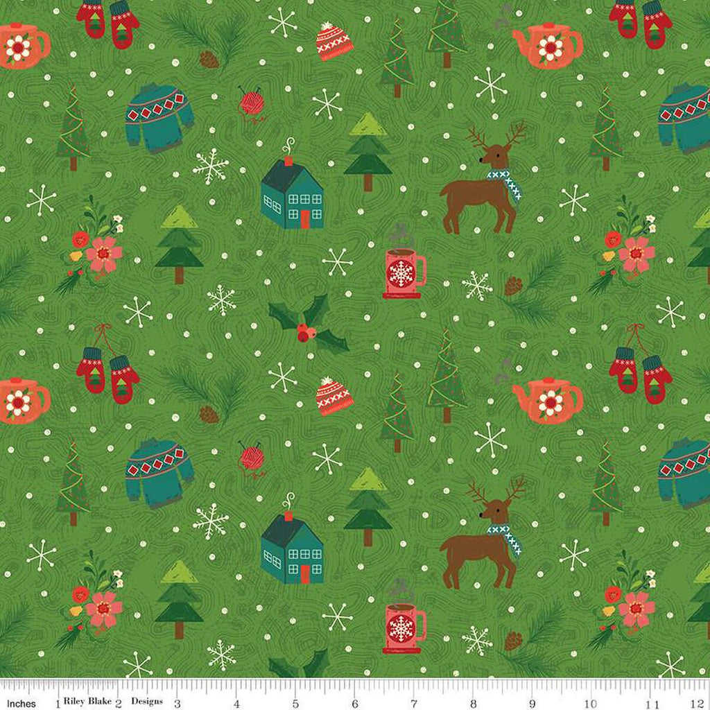 Image of In From the Cold Winter Mix Green by Riley Blake Designs. Features a pattern of winter icons such as holly, mugs, cabins, trees, and deer on a green background.
Cute Little Fabric Shop