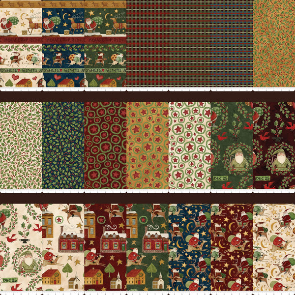 Collage of all 21 fabrics in the Up on the Housetop 10 inch stacker by Riley Blake Designs.  Features yellow-gold, red, cream, and blue fabrics.
Cute Little Fabric Shop