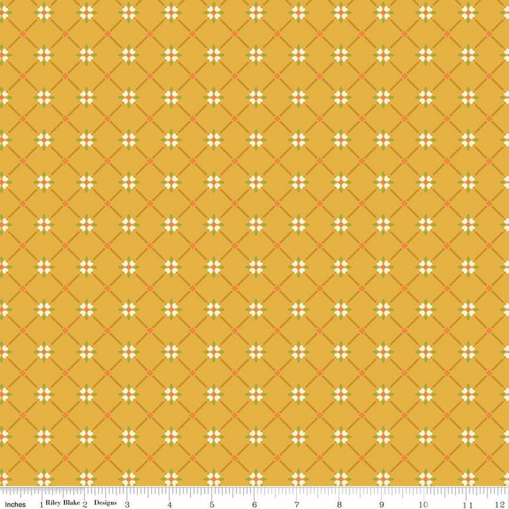 Image of the Autumn Afternoon Crosshatch Yellow quilting cotton fabric by Heather Peterson for Riley Blake Designs. Features a lattice design with clusters of flowers at the intersections on a yellow background. 
Cute Little Fabric Shop